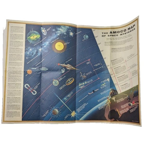 1958 AMOCO AMERICAN OIL COMPANY VENTURE into SPACE FOLDOUT Poster mysteries tech - Picture 1 of 7